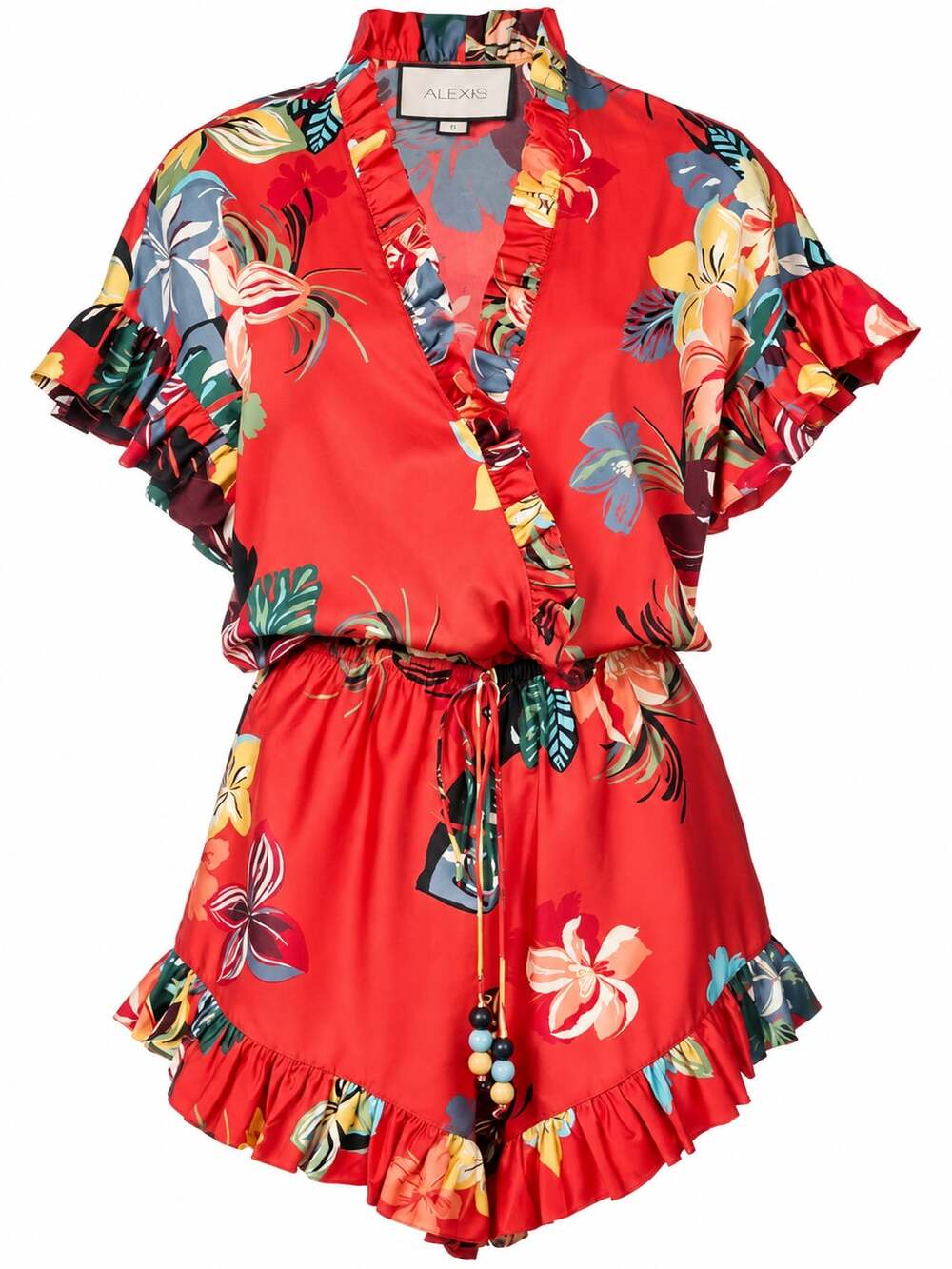 Alexis Faine Floral Print V-Neck Ruffle Cotton Romper Red